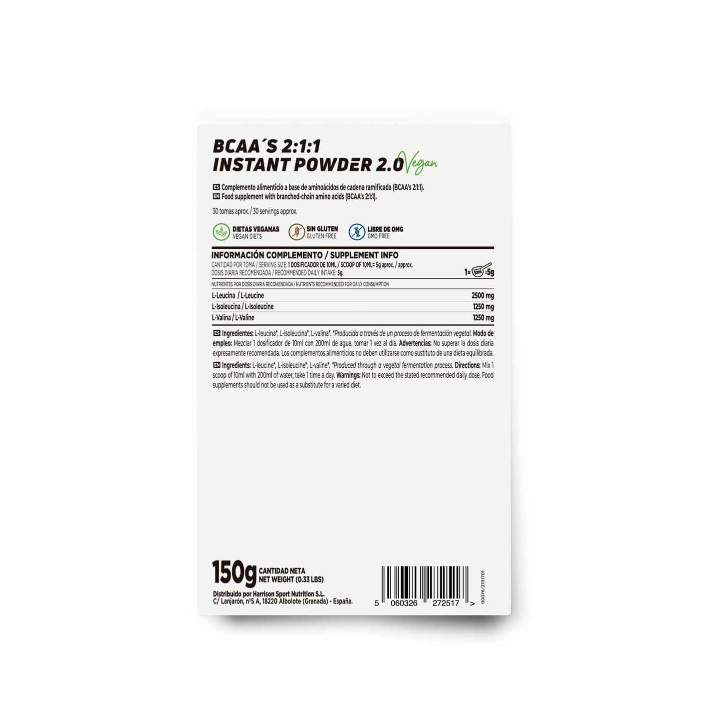 BCAA en Polvo de HSN Evo 2:1:1 | Sin Sabor 500 g = 100 Tomas por Envase de Aminoácidos Ramificados Veganos: Leucina + Valina + Isoleucina | No-GMO, Sin Gluten