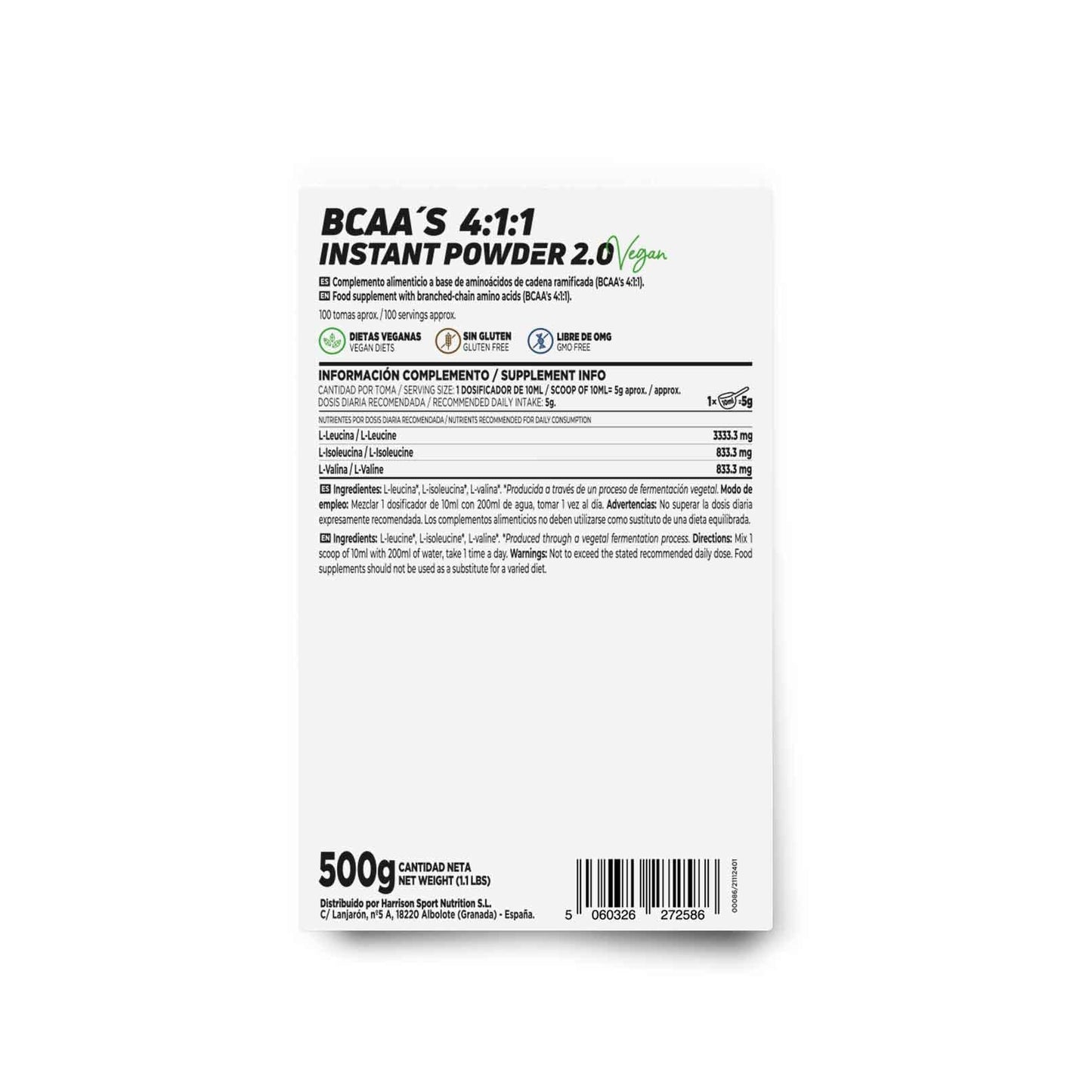 BCAA en Polvo de HSN Evo 2:1:1 | Sin Sabor 500 g = 100 Tomas por Envase de Aminoácidos Ramificados Veganos: Leucina + Valina + Isoleucina | No-GMO, Sin Gluten