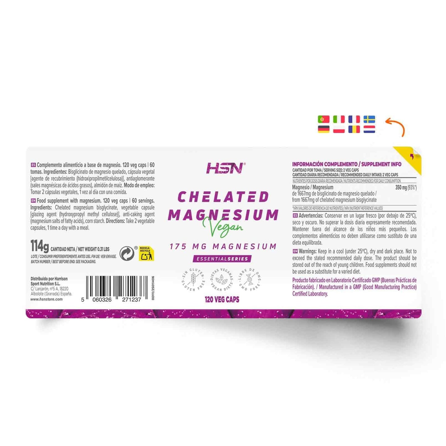 HSN Bisglicinato de Magnesio | 240 Cápsulas Veganas | 350mg Magnesio por Dosis Diaria 100% Glicinato de Alta Biodisponibilidad y Absorción | No-GMO, Vegano, Sin Gluten