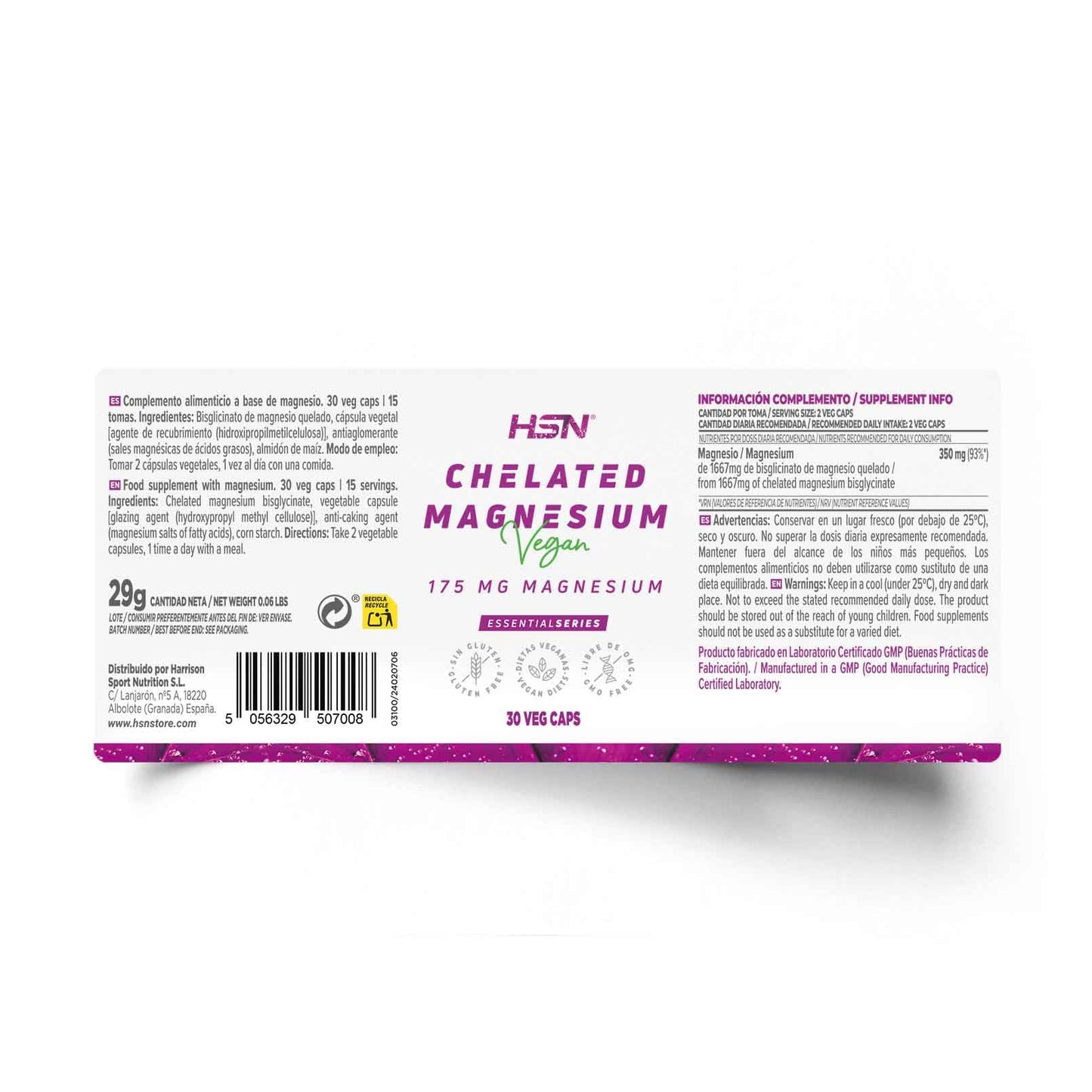HSN Bisglicinato de Magnesio | 240 Cápsulas Veganas | 350mg Magnesio por Dosis Diaria 100% Glicinato de Alta Biodisponibilidad y Absorción | No-GMO, Vegano, Sin Gluten