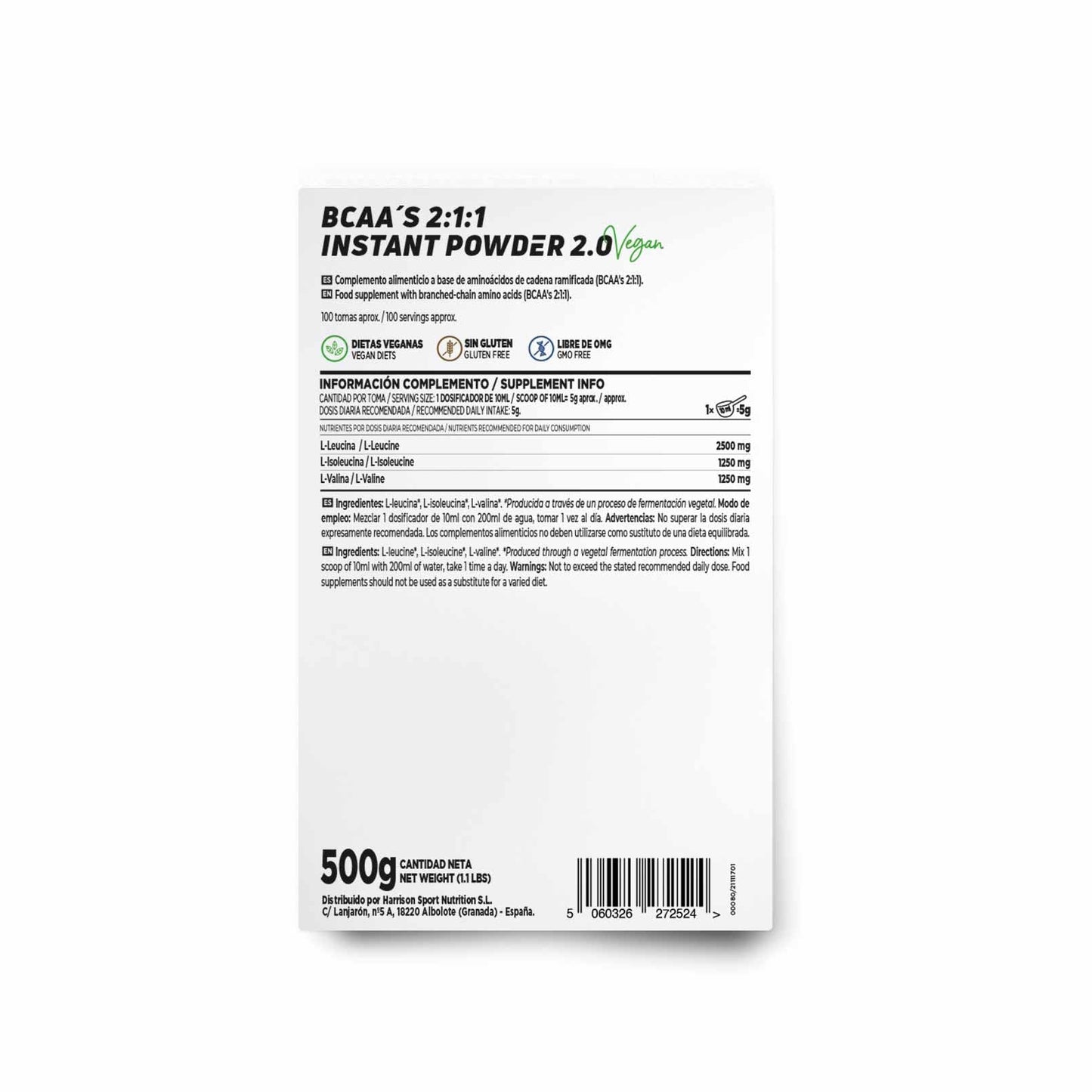 BCAA en Polvo de HSN Evo 2:1:1 | Sin Sabor 500 g = 100 Tomas por Envase de Aminoácidos Ramificados Veganos: Leucina + Valina + Isoleucina | No-GMO, Sin Gluten
