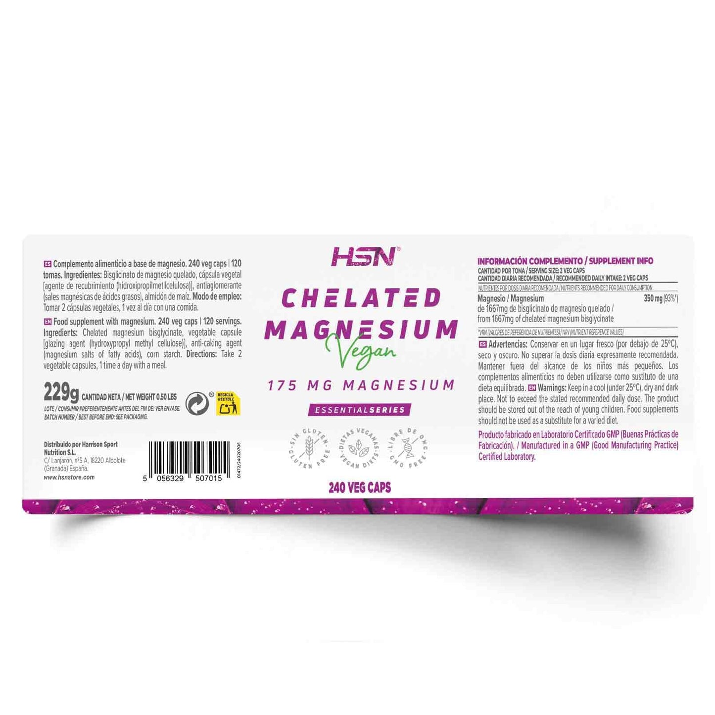 HSN Bisglicinato de Magnesio | 240 Cápsulas Veganas | 350mg Magnesio por Dosis Diaria 100% Glicinato de Alta Biodisponibilidad y Absorción | No-GMO, Vegano, Sin Gluten