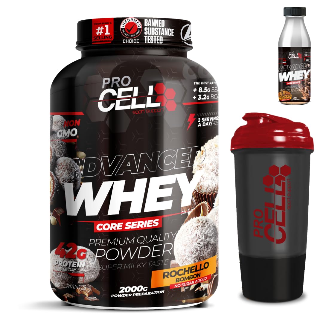 PACK Procell Proteinas Whey Advanced 2kG (White Choco & White Choco rings)+ Batido Monodosis + Shaker "REGALO" Proteina Whey concentrada Gana masa muscular proteina en polvo Batidos de Proteina