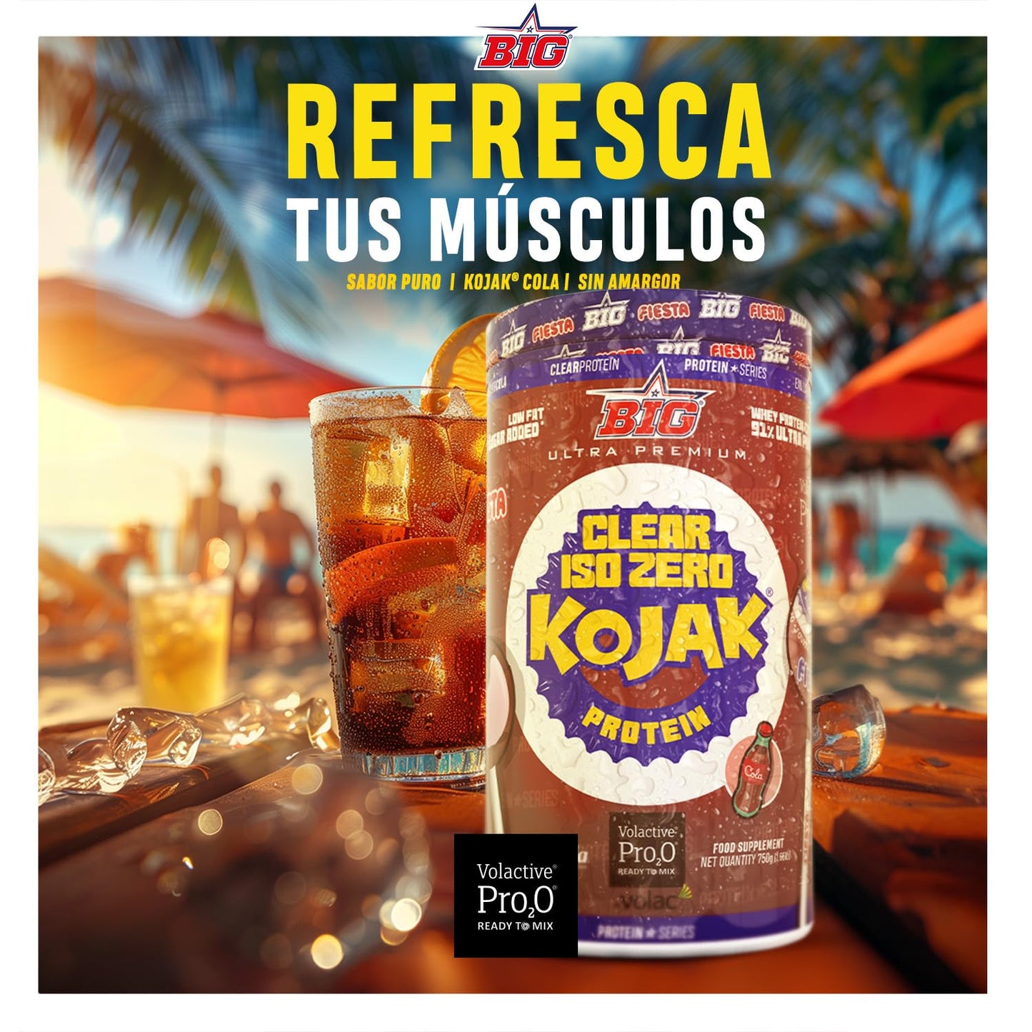 BIG - Proteina Clear Isolada - Clear Whey Protein - Sabor Kojak - Proteina Suero de Leche - Materia Prima Premium - Masa Muscular, Recuperación - Textura Tipo Isotónica (750g, Cola)