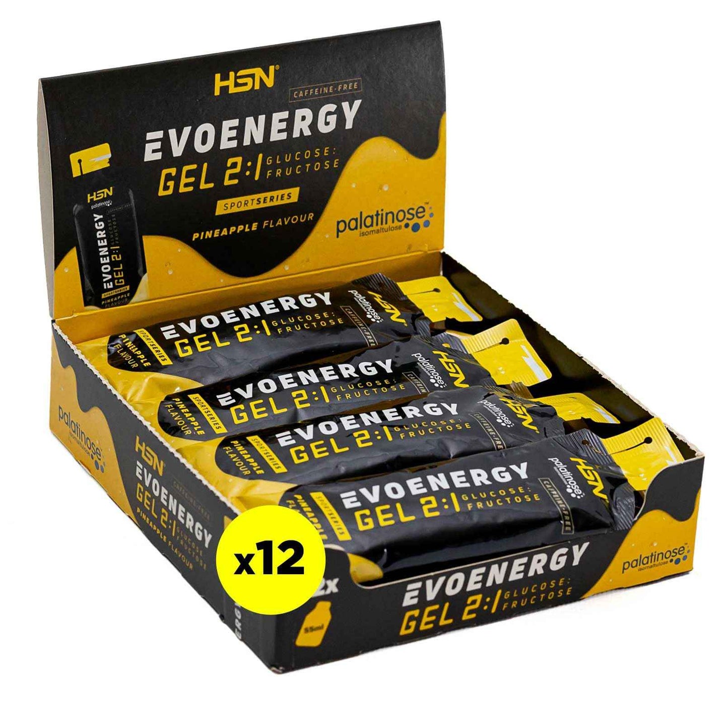HSN Evonergy Gel Con Cafeína | Fresa - Caja 12 Unidades de 55ml | 30g Carbohidratos por Gel Relación 2:1 (Glucosa:Fructosa) | 100mg Sodio 100mg Cafeína | Textura fluida | No-GMO, Vegano, Sin Gluten