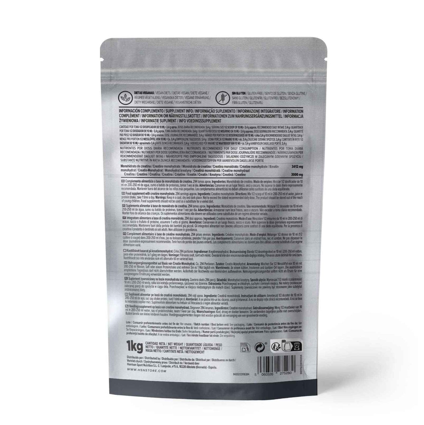 HSN Creatina Monohidrato en Polvo Sin Sabor 500g | 100% Monohidrato de Creatina Micronizada | No Incluye Dosificador | Sin Añadidos y Libre de Contaminantes | No-GMO, Vegano, Sin Gluten