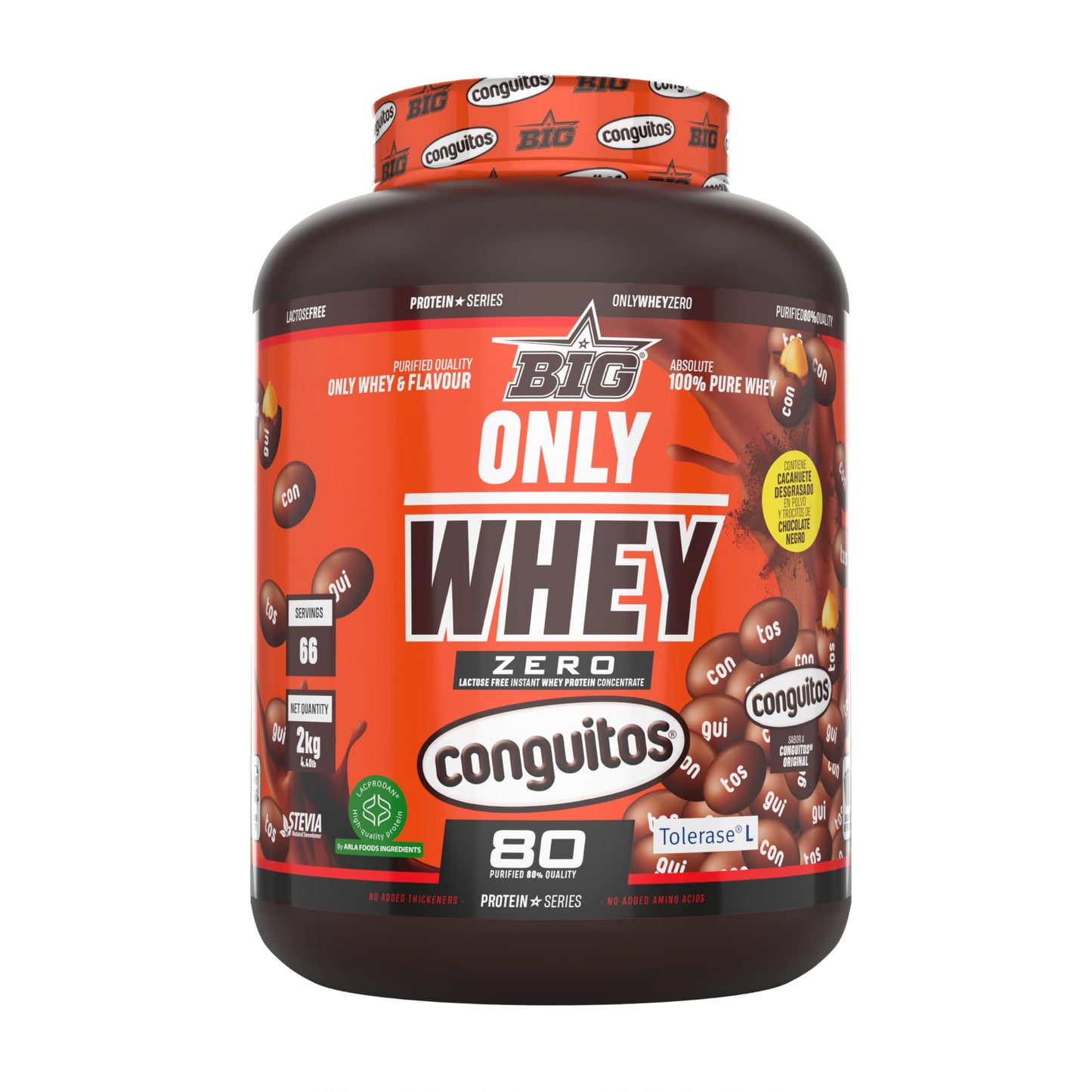 BIG - Whey Proteins - Protein Powder for Muscle Mass Development and Recovery - Premium Raw Material - Whey Protein Without Lactose, No Sugar, No Clumps (2 kg, Conguitos)