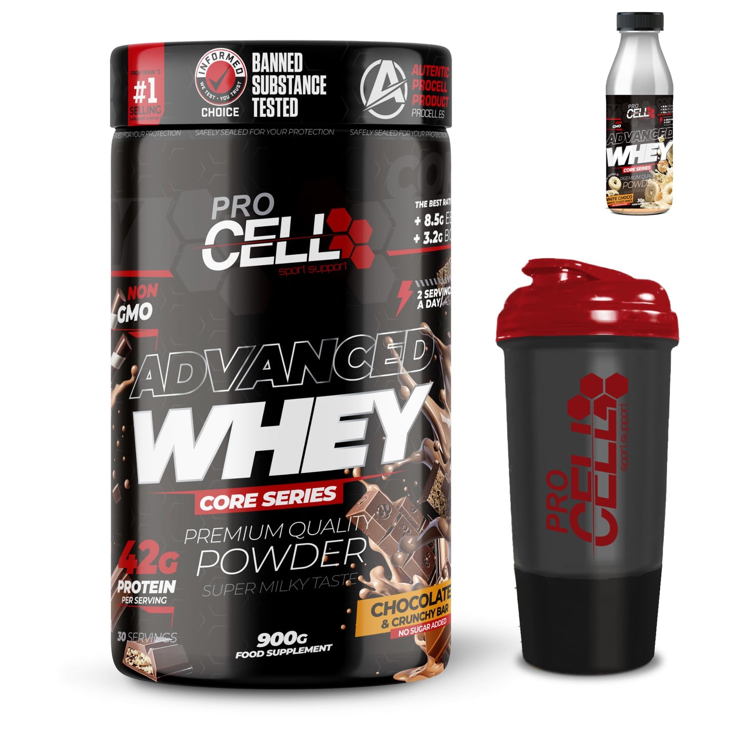 PACK Procell Proteinas Whey Advanced 2kG (White Choco & White Choco rings)+ Batido Monodosis + Shaker "REGALO" Proteina Whey concentrada Gana masa muscular proteina en polvo Batidos de Proteina