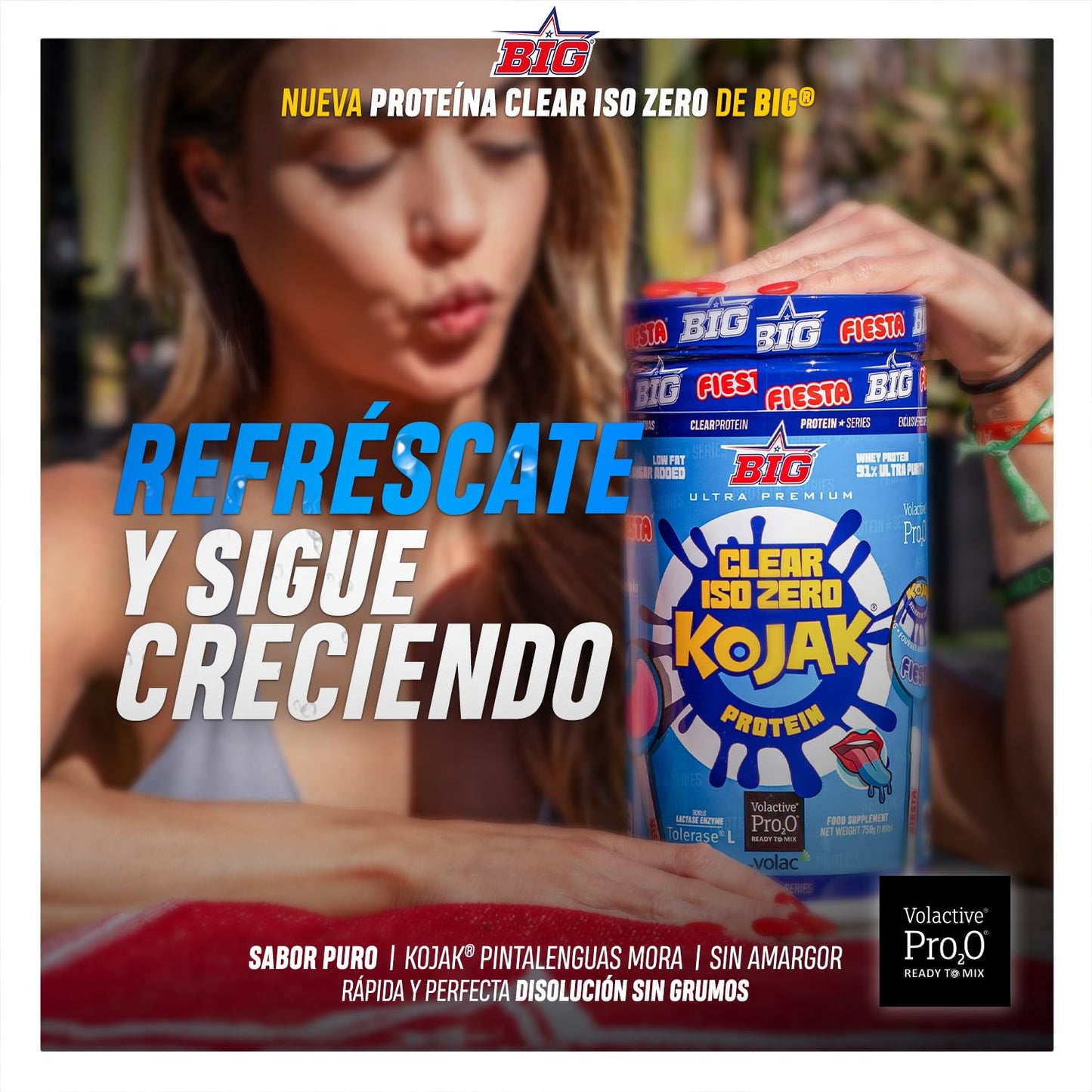 BIG - Proteina Clear Isolada - Clear Whey Protein - Sabor Kojak - Proteina Suero de Leche - Materia Prima Premium - Masa Muscular, Recuperación - Textura Tipo Isotónica (750g, Cola)