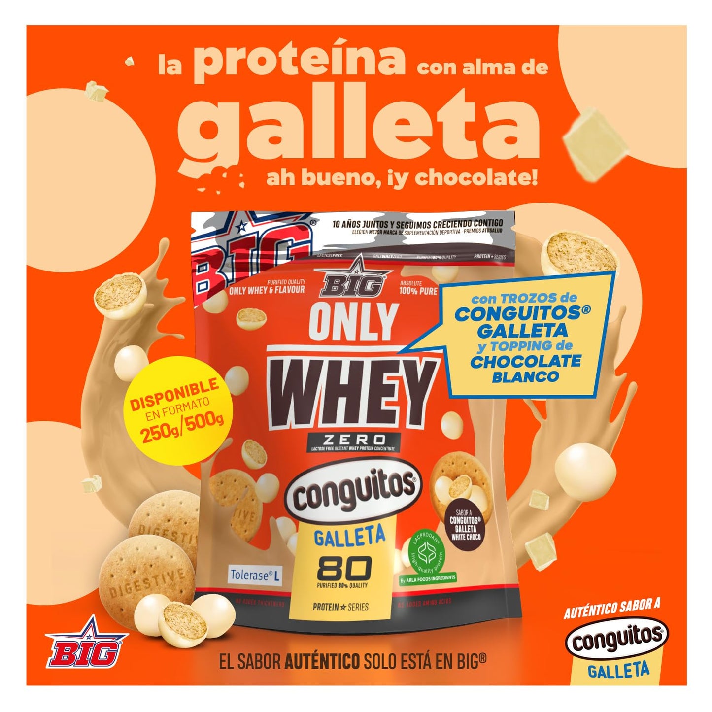 BIG - Whey Proteins - Protein Powder for Muscle Mass Development and Recovery - Premium Raw Material - Whey Protein Without Lactose, No Sugar, No Clumps (2 kg, Conguitos)