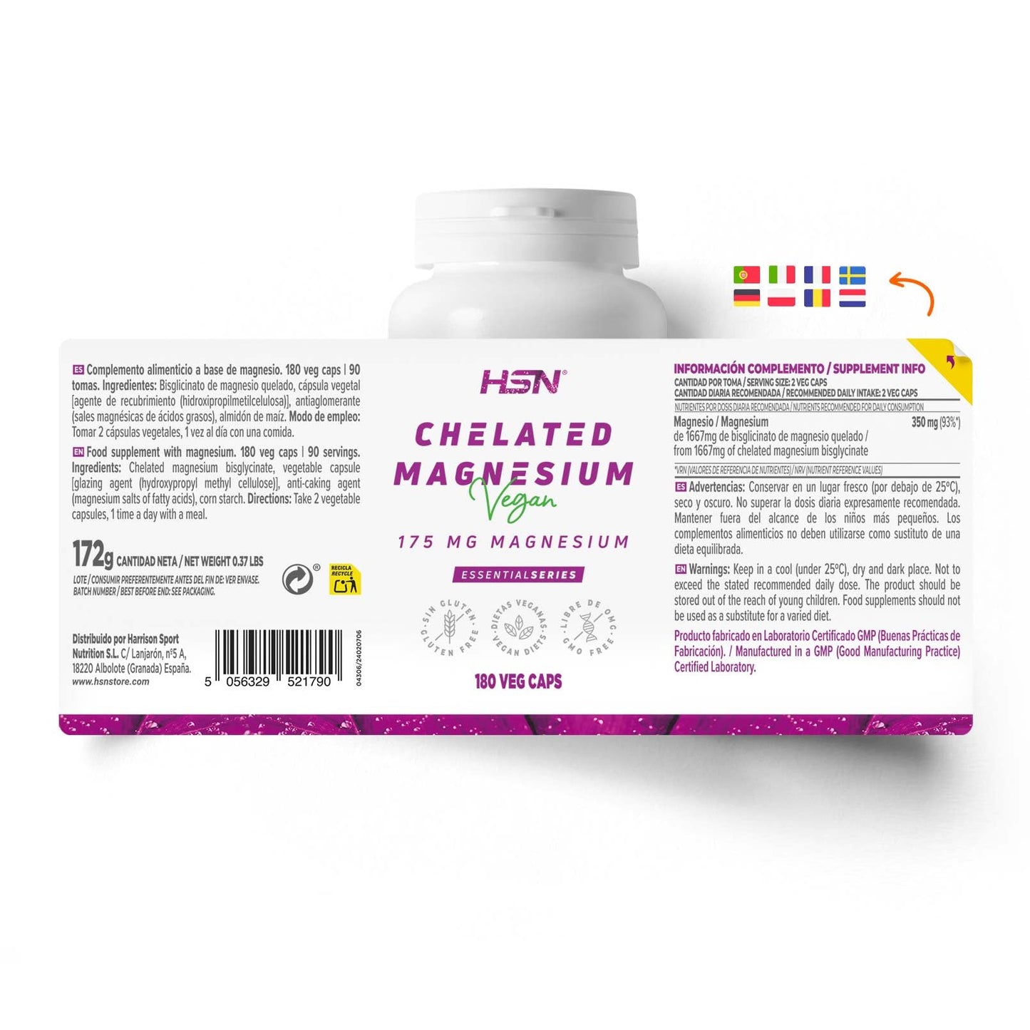 HSN Bisglicinato de Magnesio | 240 Cápsulas Veganas | 350mg Magnesio por Dosis Diaria 100% Glicinato de Alta Biodisponibilidad y Absorción | No-GMO, Vegano, Sin Gluten