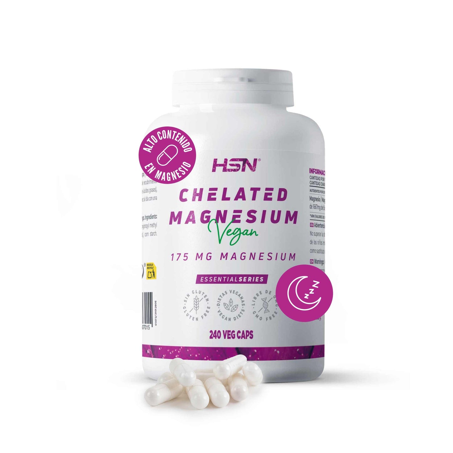 HSN Bisglicinato de Magnesio | 240 Cápsulas Veganas | 350mg Magnesio por Dosis Diaria 100% Glicinato de Alta Biodisponibilidad y Absorción | No-GMO, Vegano, Sin Gluten