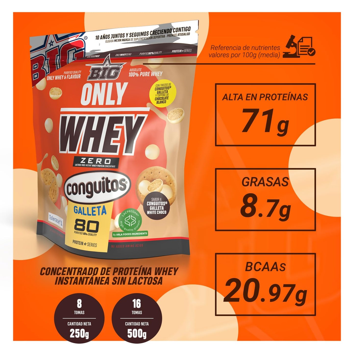 BIG - Whey Proteins - Protein Powder for Muscle Mass Development and Recovery - Premium Raw Material - Whey Protein Without Lactose, No Sugar, No Clumps (2 kg, Conguitos)