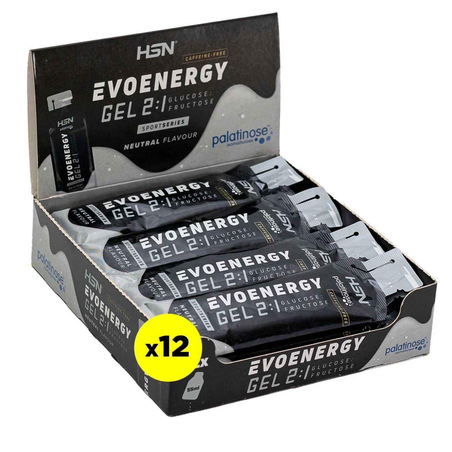 HSN Evonergy Gel Con Cafeína | Fresa - Caja 12 Unidades de 55ml | 30g Carbohidratos por Gel Relación 2:1 (Glucosa:Fructosa) | 100mg Sodio 100mg Cafeína | Textura fluida | No-GMO, Vegano, Sin Gluten