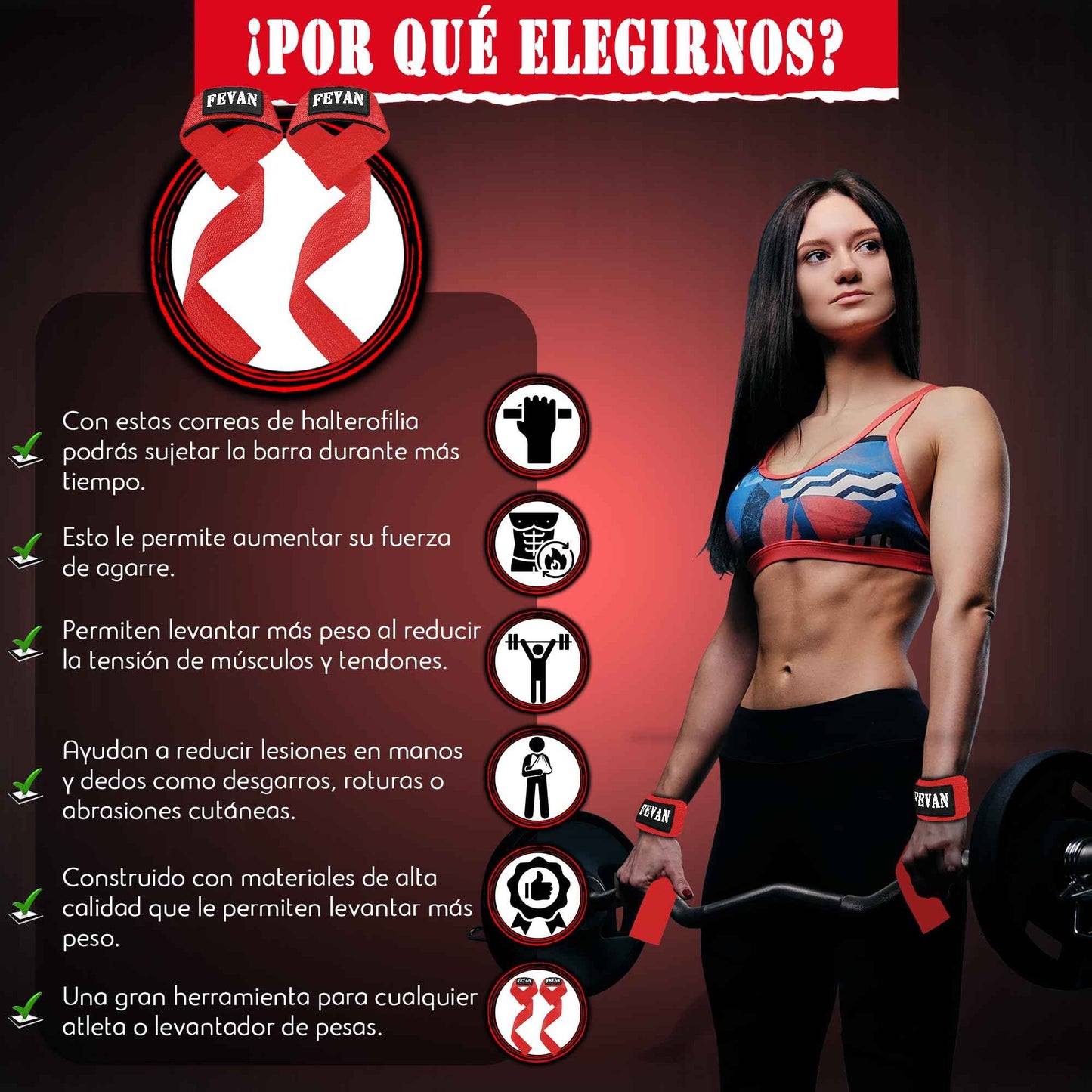 FEVAN Straps Gym - Levantamiento de Pesas - Correas Levantamiento de Pesas - Powerlifting - Agarre Gimnasio - Peso Muerto - Lifting Straps para Mujeres y Hombres