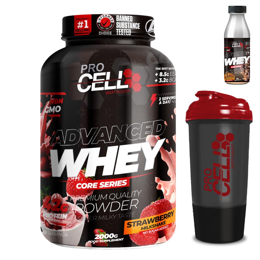 PACK Procell Proteinas Whey Advanced 2kG (White Choco & White Choco rings)+ Batido Monodosis + Shaker "REGALO" Proteina Whey concentrada Gana masa muscular proteina en polvo Batidos de Proteina