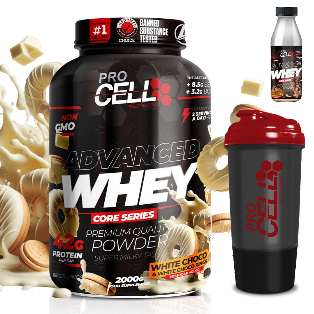 PACK Procell Proteinas Whey Advanced 2kG (White Choco & White Choco rings)+ Batido Monodosis + Shaker "REGALO" Proteina Whey concentrada Gana masa muscular proteina en polvo Batidos de Proteina