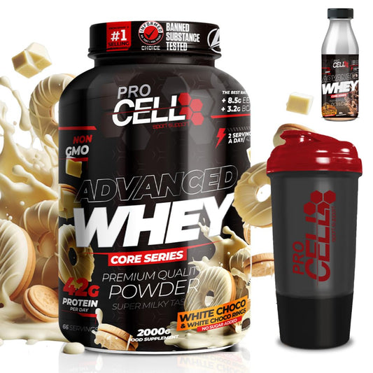 PACK Procell Proteinas Whey Advanced 2kG (White Choco & White Choco rings)+ Batido Monodosis + Shaker "REGALO" Proteina Whey concentrada Gana masa muscular proteina en polvo Batidos de Proteina