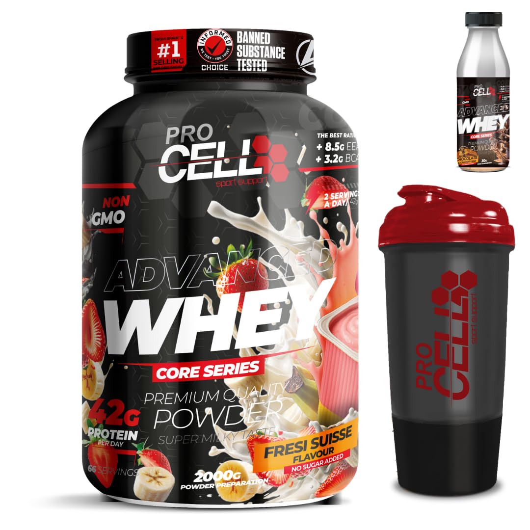 PACK Procell Proteinas Whey Advanced 2kG (White Choco & White Choco rings)+ Batido Monodosis + Shaker "REGALO" Proteina Whey concentrada Gana masa muscular proteina en polvo Batidos de Proteina