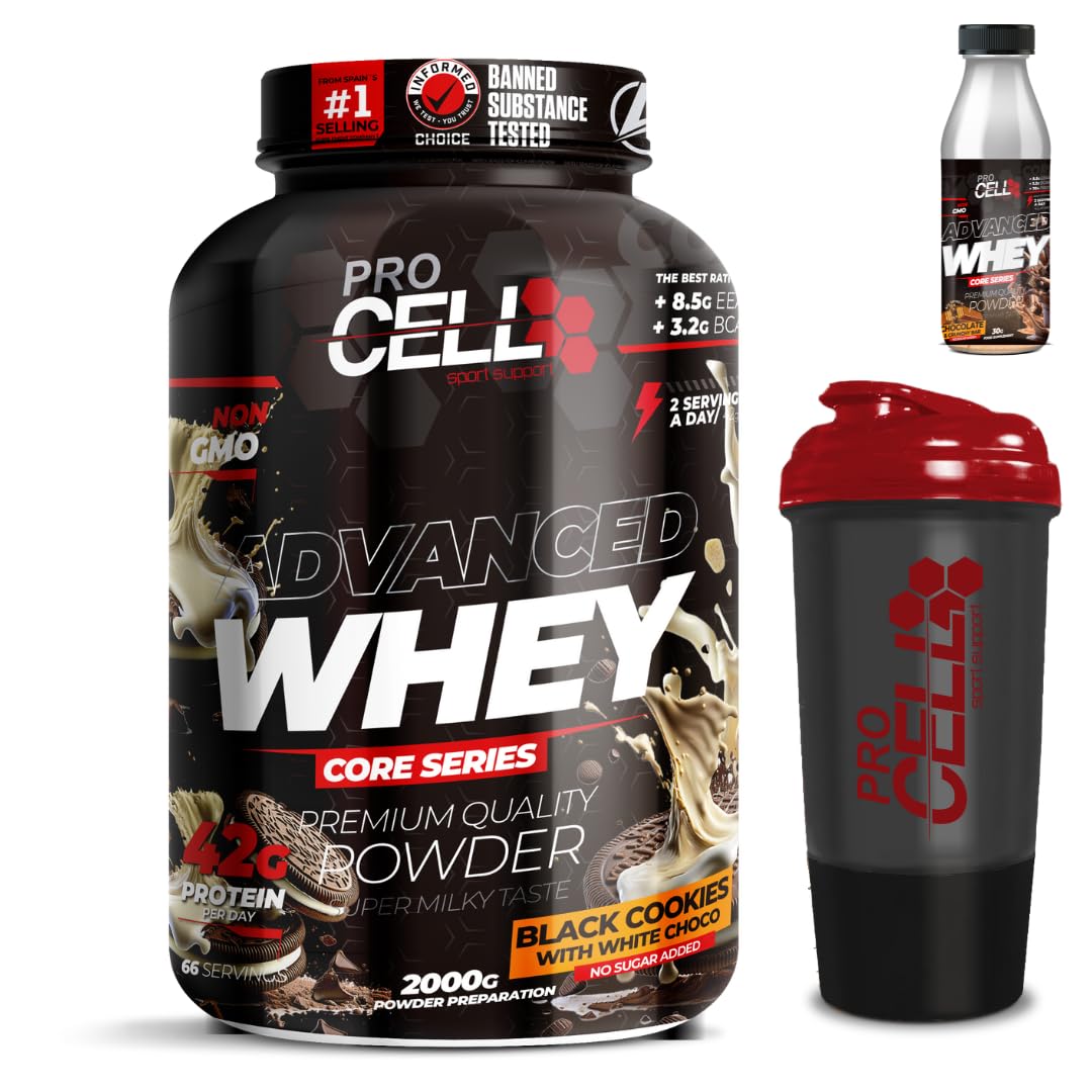 PACK Procell Proteinas Whey Advanced 2kG (White Choco & White Choco rings)+ Batido Monodosis + Shaker "REGALO" Proteina Whey concentrada Gana masa muscular proteina en polvo Batidos de Proteina