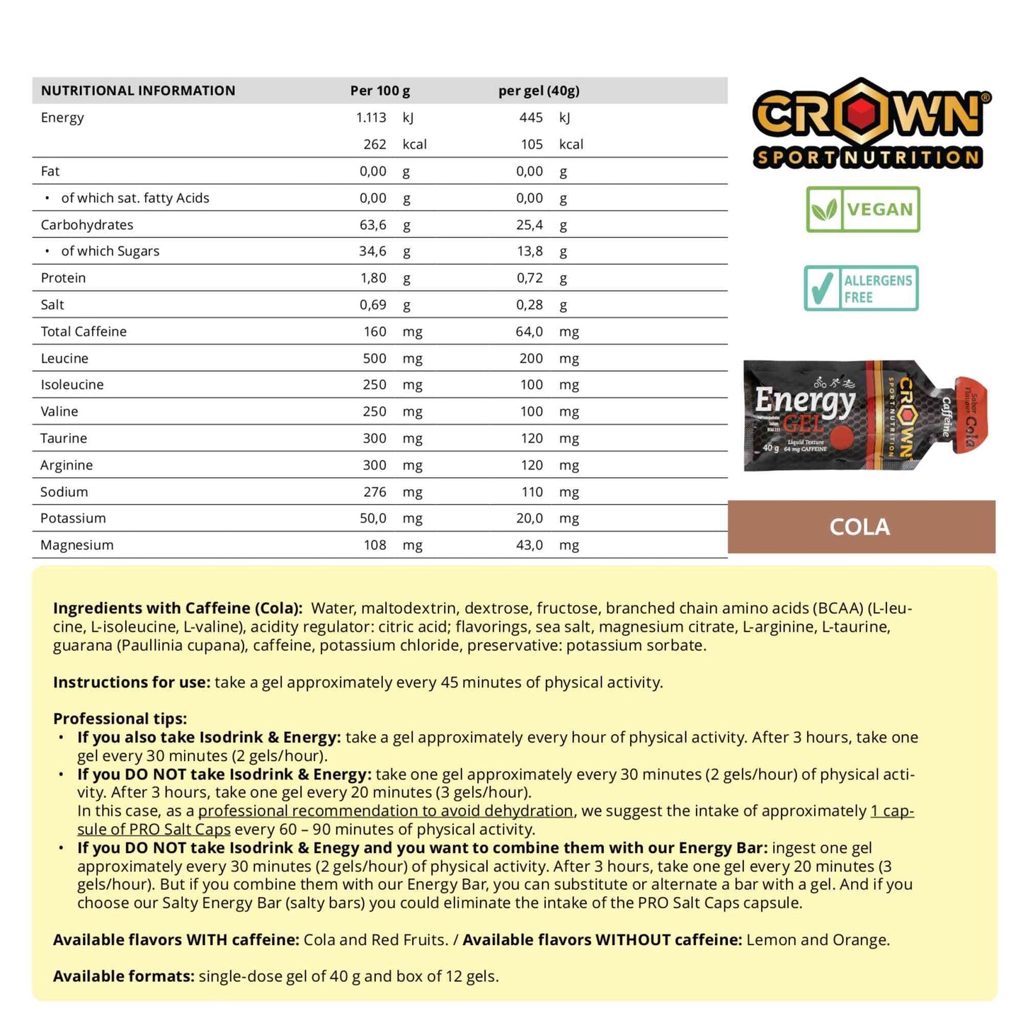 Crown Sport Nutrition Energy Gel | Carbs + BCAA, Arginine, Taurine & Electrolytes | Liquid Texture, Caffeinated & Free | Vegan | Allergen Free