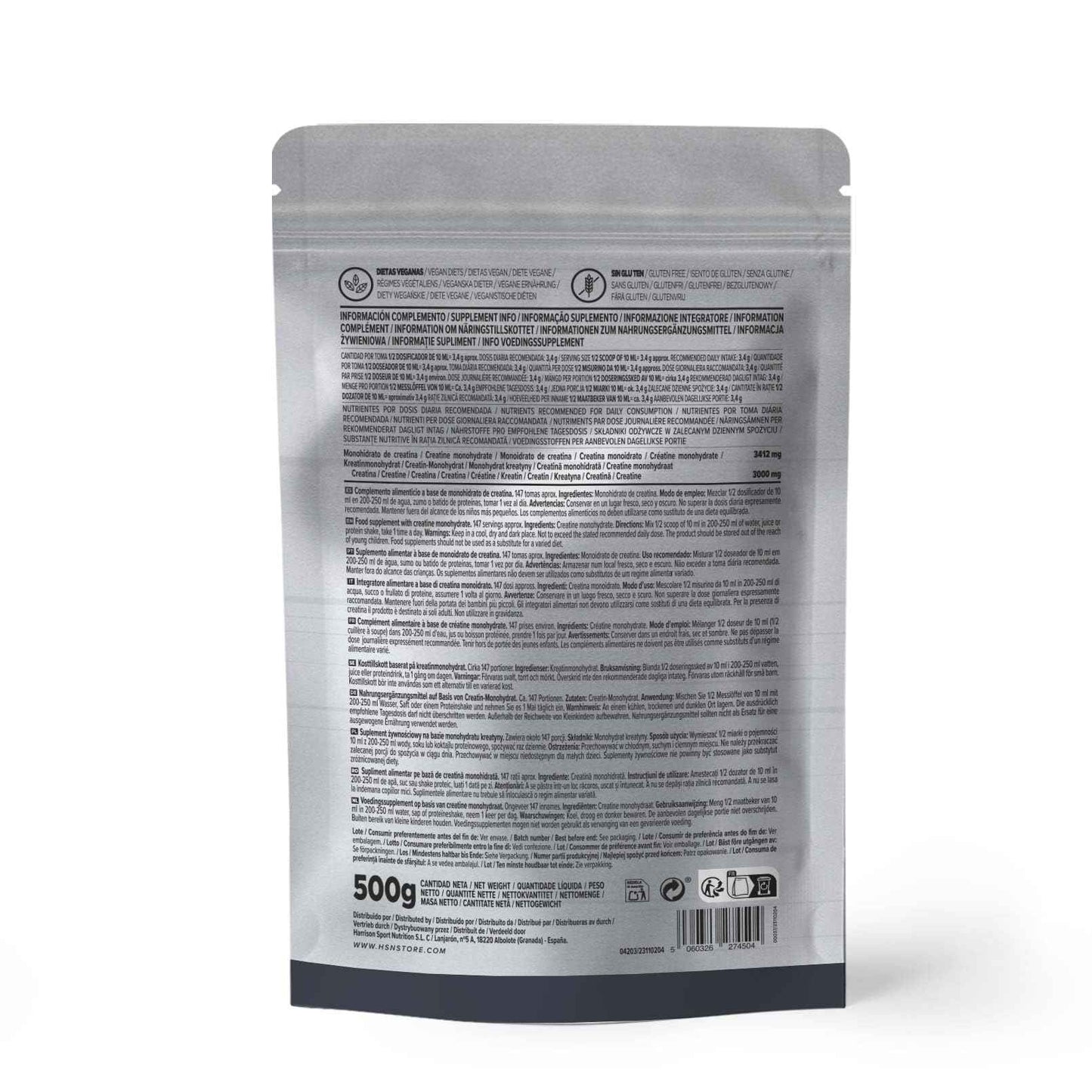 HSN Creatina Monohidrato en Polvo Sin Sabor 500g | 100% Monohidrato de Creatina Micronizada | No Incluye Dosificador | Sin Añadidos y Libre de Contaminantes | No-GMO, Vegano, Sin Gluten