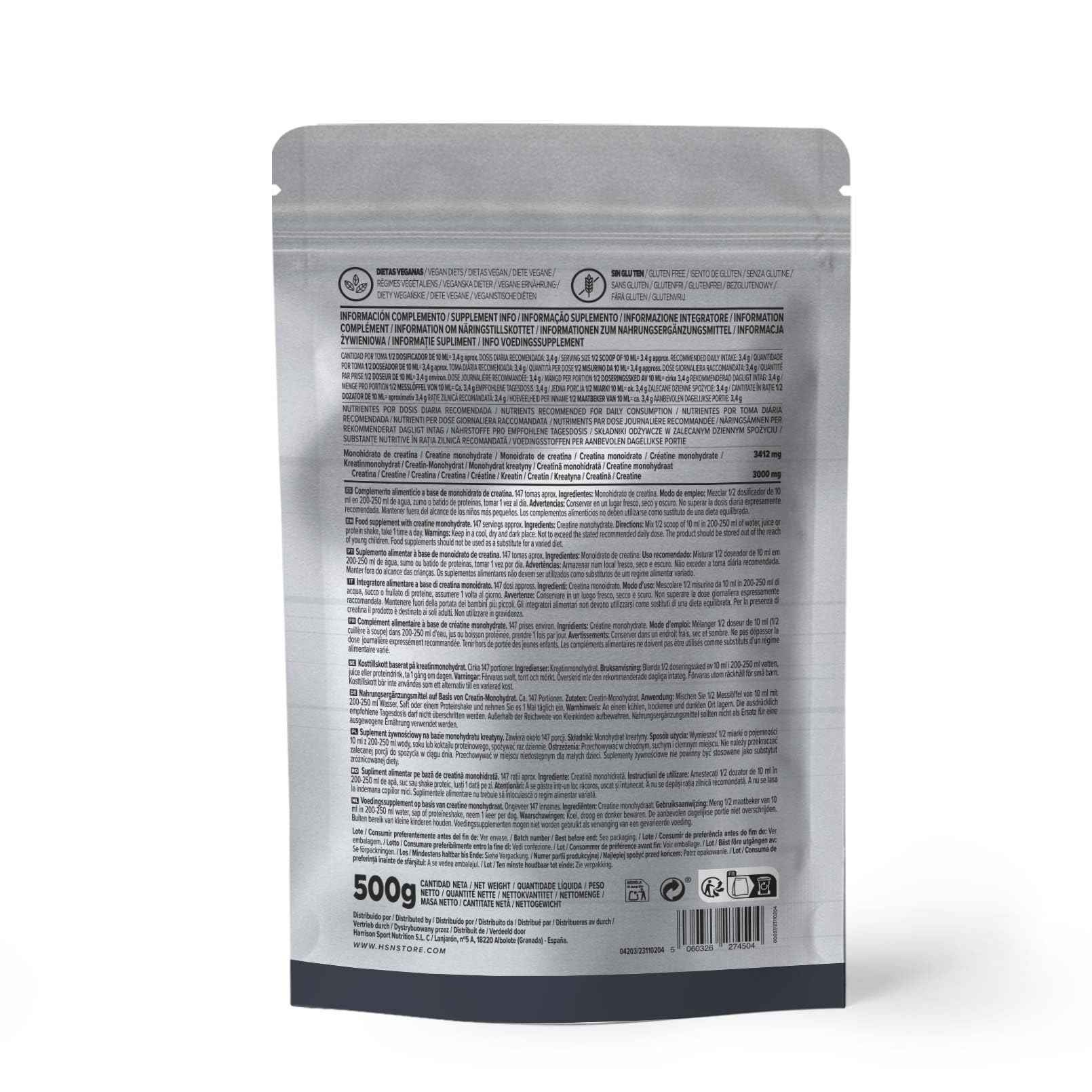 HSN Creatina Monohidrato en Polvo Sin Sabor 500g | 100% Monohidrato de Creatina Micronizada | No Incluye Dosificador | Sin Añadidos y Libre de Contaminantes | No-GMO, Vegano, Sin Gluten