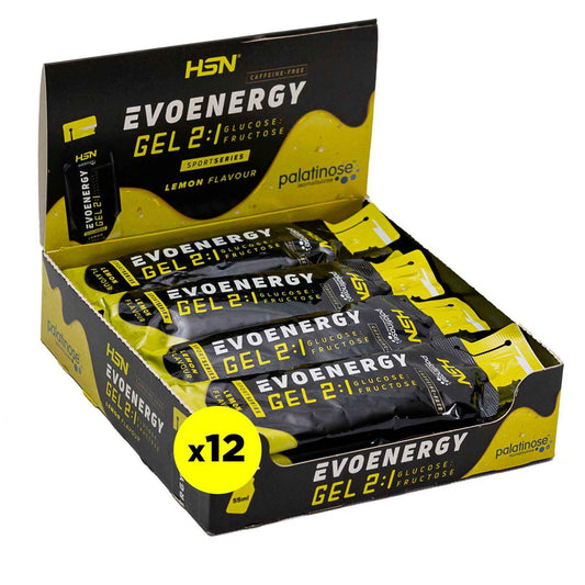 HSN Evonergy Gel Con Cafeína | Fresa - Caja 12 Unidades de 55ml | 30g Carbohidratos por Gel Relación 2:1 (Glucosa:Fructosa) | 100mg Sodio 100mg Cafeína | Textura fluida | No-GMO, Vegano, Sin Gluten