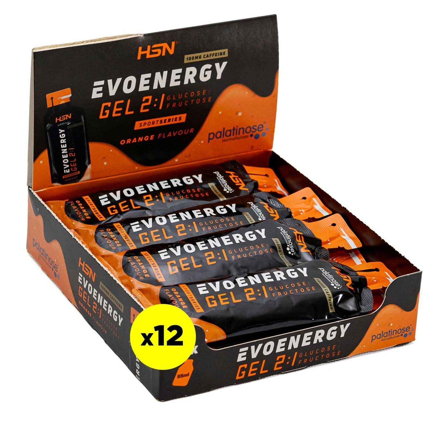 HSN Evonergy Gel Con Cafeína | Fresa - Caja 12 Unidades de 55ml | 30g Carbohidratos por Gel Relación 2:1 (Glucosa:Fructosa) | 100mg Sodio 100mg Cafeína | Textura fluida | No-GMO, Vegano, Sin Gluten