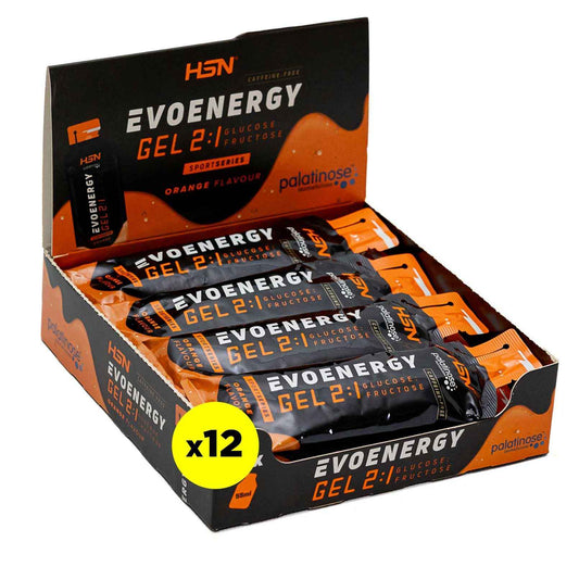 HSN Evonergy Gel Con Cafeína | Fresa - Caja 12 Unidades de 55ml | 30g Carbohidratos por Gel Relación 2:1 (Glucosa:Fructosa) | 100mg Sodio 100mg Cafeína | Textura fluida | No-GMO, Vegano, Sin Gluten