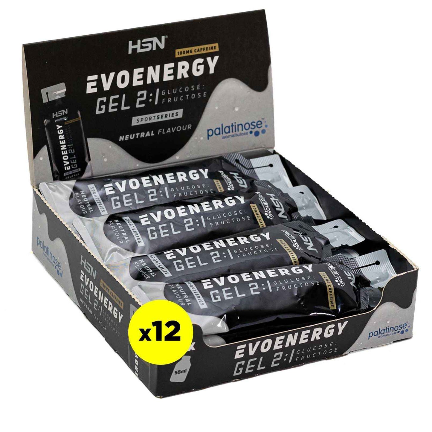 HSN Evonergy Gel Con Cafeína | Fresa - Caja 12 Unidades de 55ml | 30g Carbohidratos por Gel Relación 2:1 (Glucosa:Fructosa) | 100mg Sodio 100mg Cafeína | Textura fluida | No-GMO, Vegano, Sin Gluten