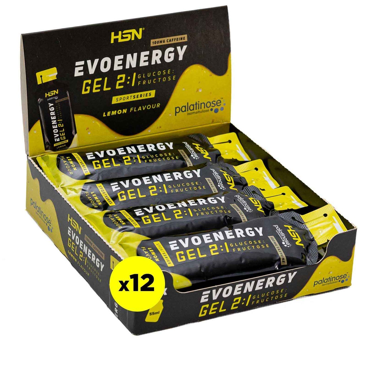 HSN Evonergy Gel Con Cafeína | Fresa - Caja 12 Unidades de 55ml | 30g Carbohidratos por Gel Relación 2:1 (Glucosa:Fructosa) | 100mg Sodio 100mg Cafeína | Textura fluida | No-GMO, Vegano, Sin Gluten