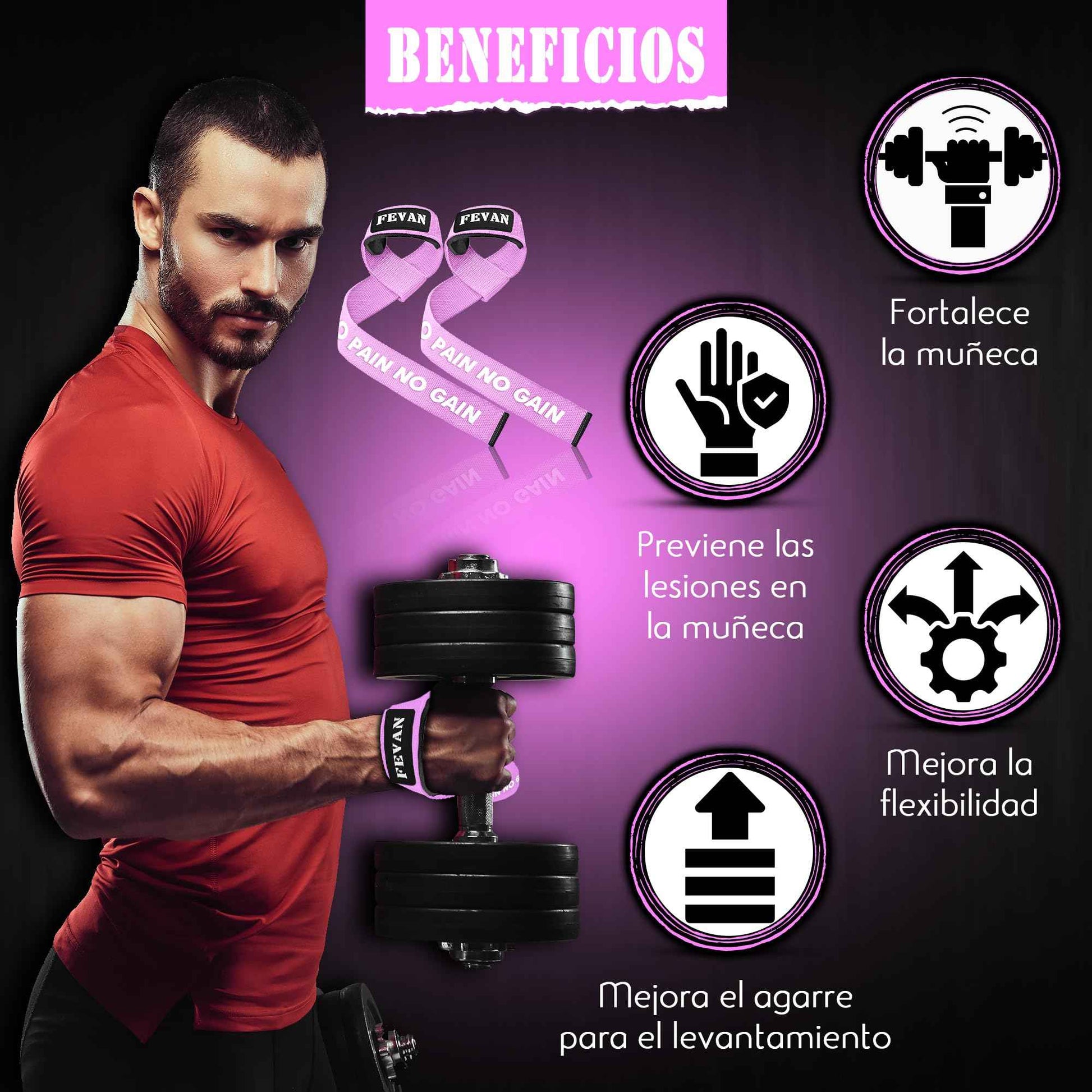 FEVAN Straps Gym - Levantamiento de Pesas - Correas Levantamiento de Pesas - Powerlifting - Agarre Gimnasio - Peso Muerto - Lifting Straps para Mujeres y Hombres
