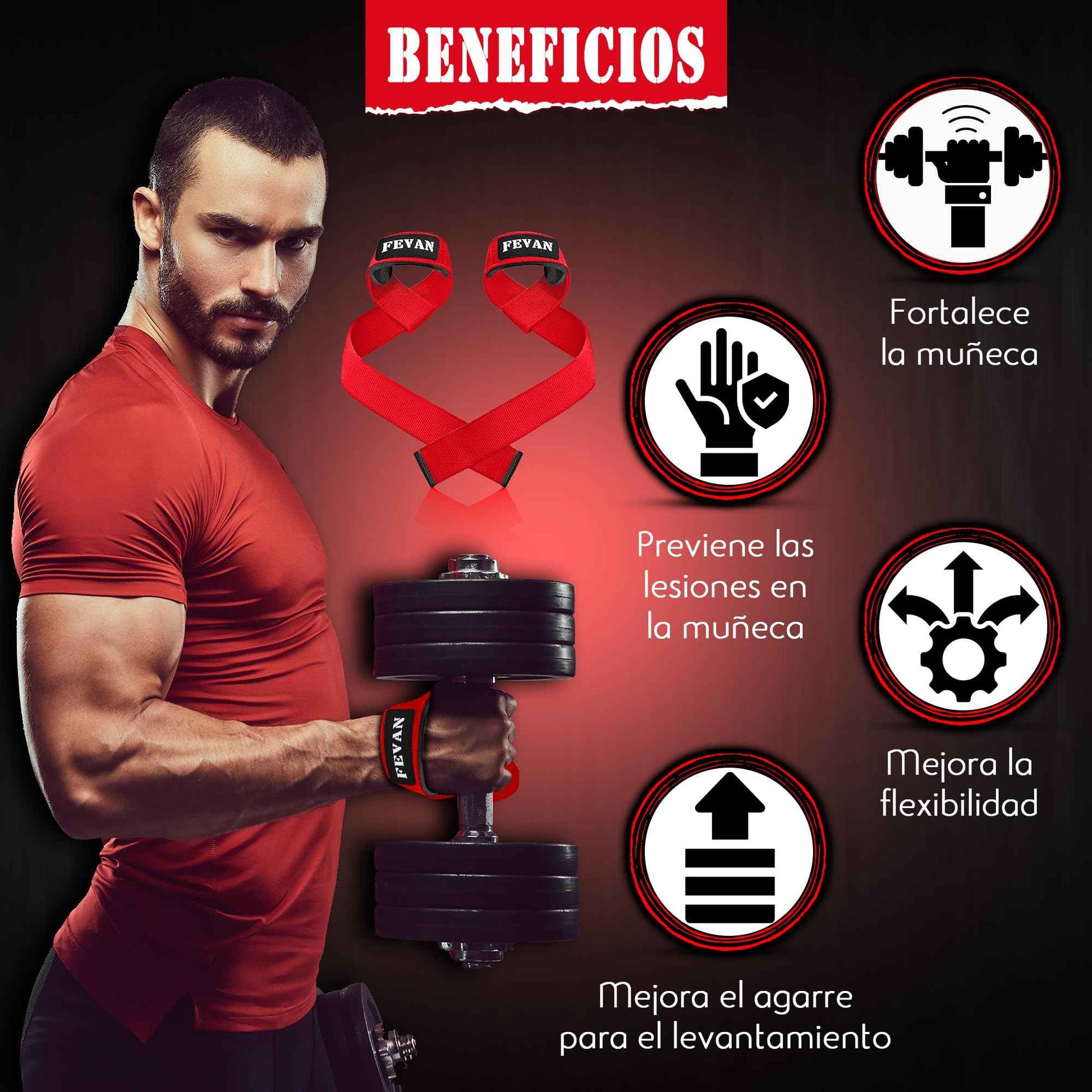 FEVAN Straps Gym - Levantamiento de Pesas - Correas Levantamiento de Pesas - Powerlifting - Agarre Gimnasio - Peso Muerto - Lifting Straps para Mujeres y Hombres