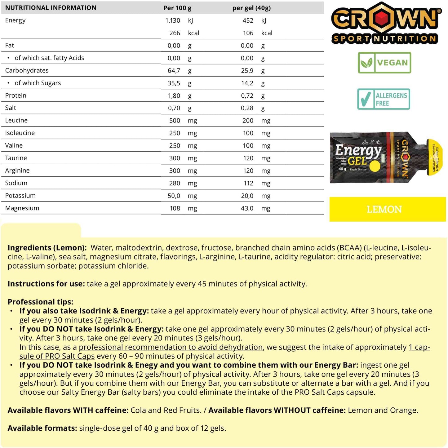 Crown Sport Nutrition Energy Gel | Carbs + BCAA, Arginine, Taurine & Electrolytes | Liquid Texture, Caffeinated & Free | Vegan | Allergen Free