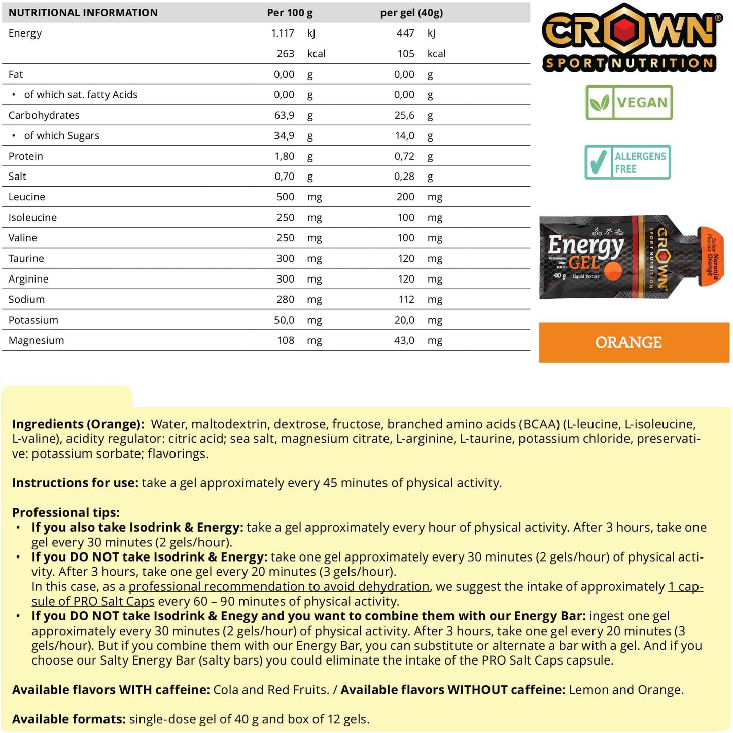 Crown Sport Nutrition Energy Gel | Carbs + BCAA, Arginine, Taurine & Electrolytes | Liquid Texture, Caffeinated & Free | Vegan | Allergen Free