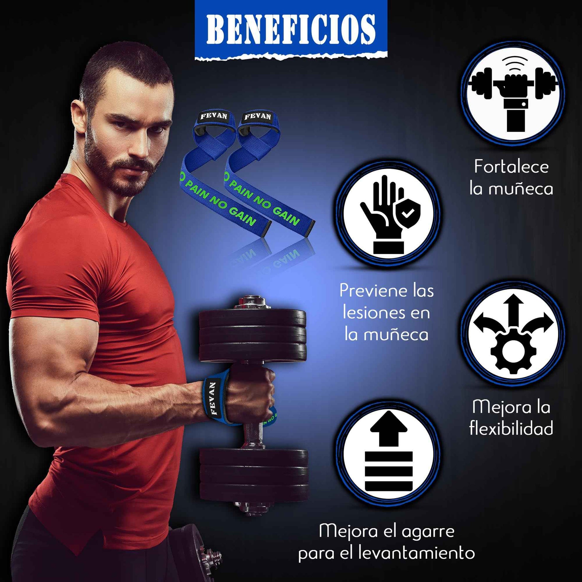 FEVAN Straps Gym - Levantamiento de Pesas - Correas Levantamiento de Pesas - Powerlifting - Agarre Gimnasio - Peso Muerto - Lifting Straps para Mujeres y Hombres