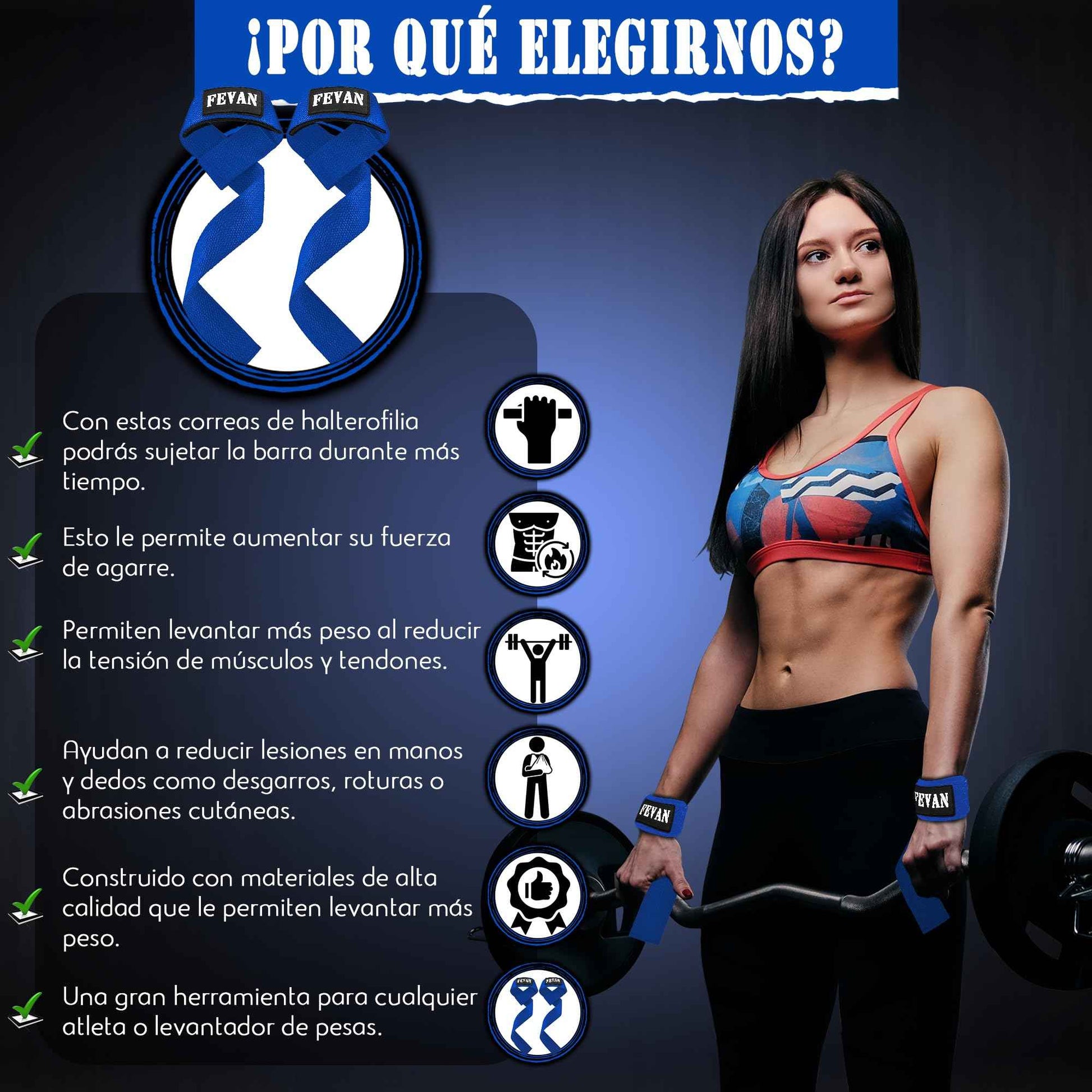 FEVAN Straps Gym - Levantamiento de Pesas - Correas Levantamiento de Pesas - Powerlifting - Agarre Gimnasio - Peso Muerto - Lifting Straps para Mujeres y Hombres