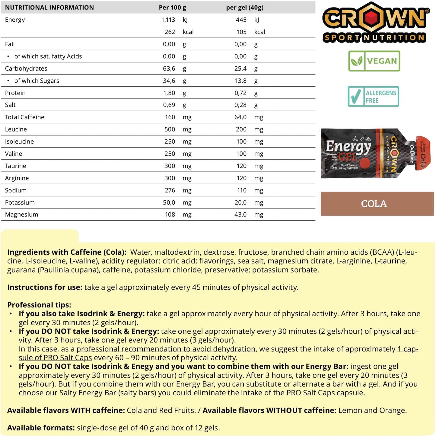 Crown Sport Nutrition Energy Gel | Carbs + BCAA, Arginine, Taurine & Electrolytes | Liquid Texture, Caffeinated & Free | Vegan | Allergen Free