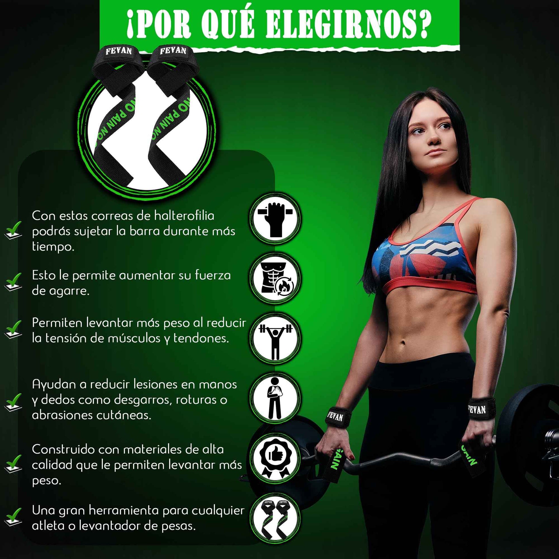 FEVAN Straps Gym - Levantamiento de Pesas - Correas Levantamiento de Pesas - Powerlifting - Agarre Gimnasio - Peso Muerto - Lifting Straps para Mujeres y Hombres