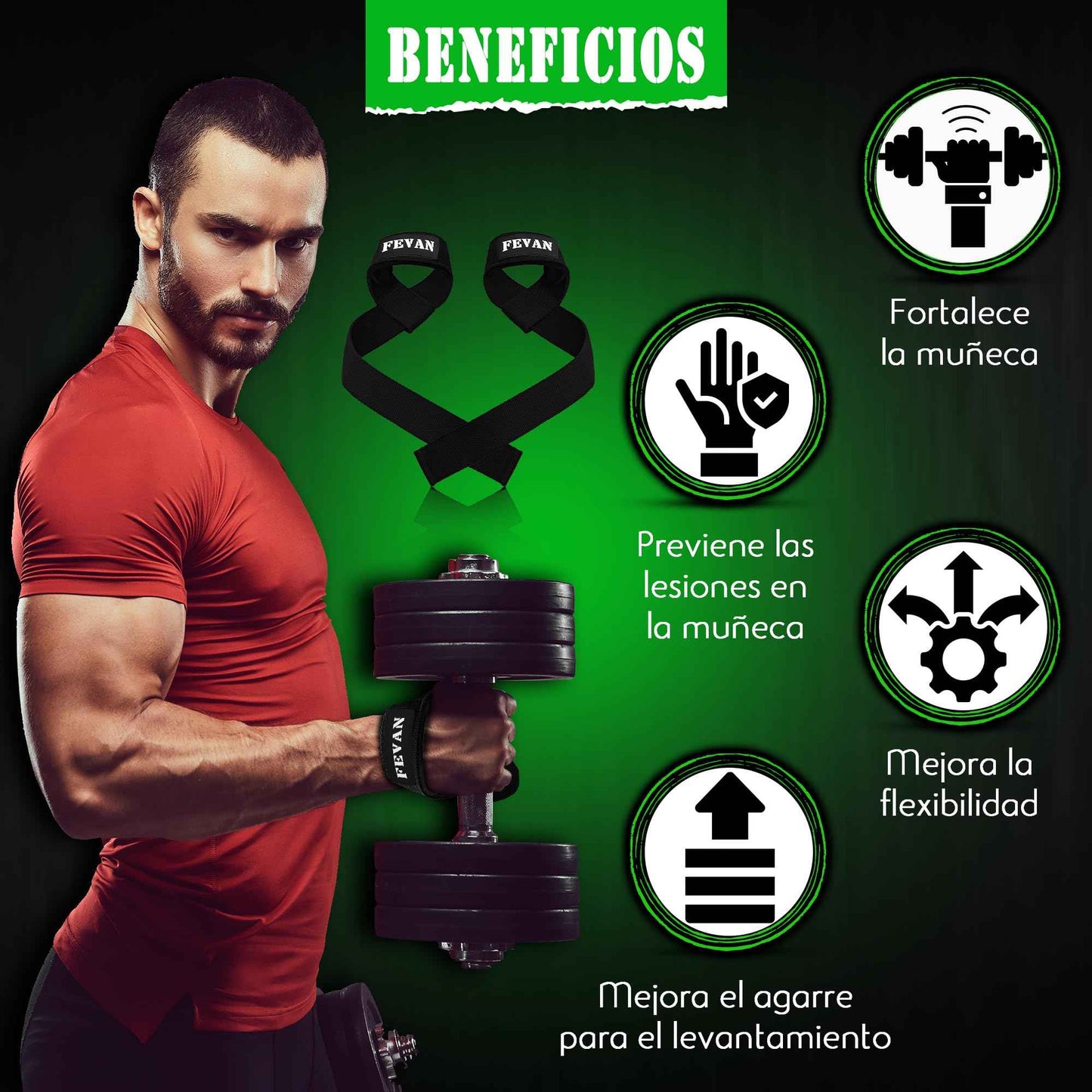 FEVAN Straps Gym - Levantamiento de Pesas - Correas Levantamiento de Pesas - Powerlifting - Agarre Gimnasio - Peso Muerto - Lifting Straps para Mujeres y Hombres