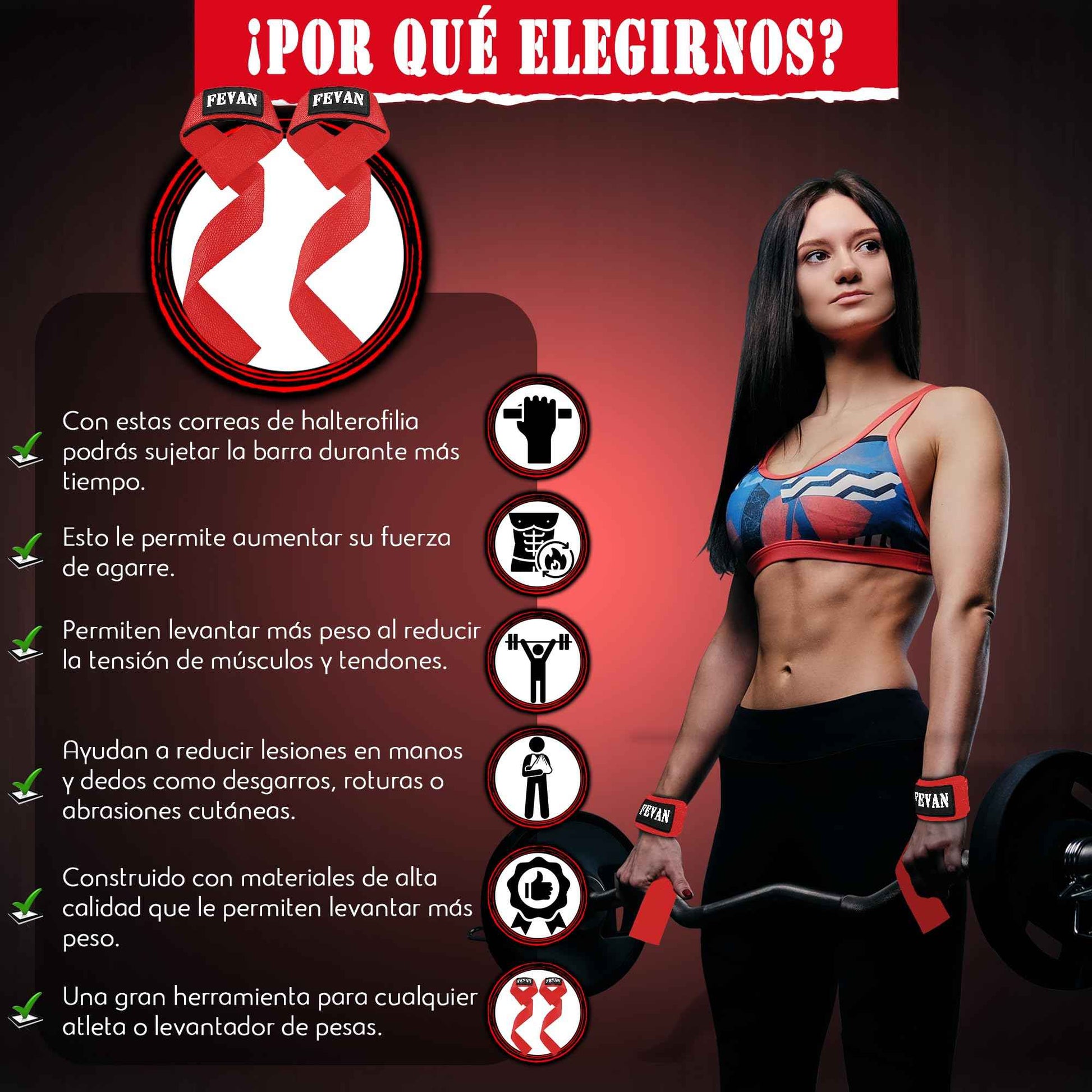 FEVAN Straps Gym - Levantamiento de Pesas - Correas Levantamiento de Pesas - Powerlifting - Agarre Gimnasio - Peso Muerto - Lifting Straps para Mujeres y Hombres